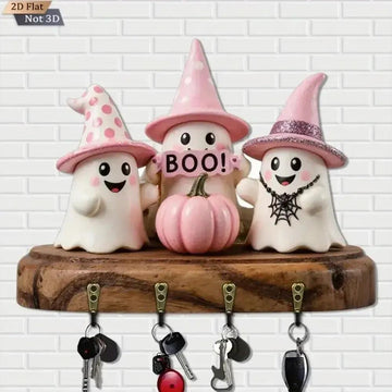2D Halloween Ghost Pumpkin Wooden Key Holder with Four Hooks Witch Home Decoration-MoonChildWorld
