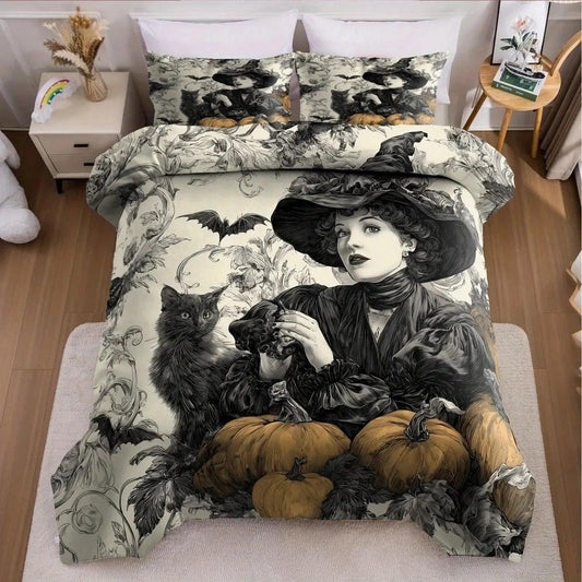 Halloween Black Cat and Witch Duvet Cover Set Gothic Vintage Bedding Set