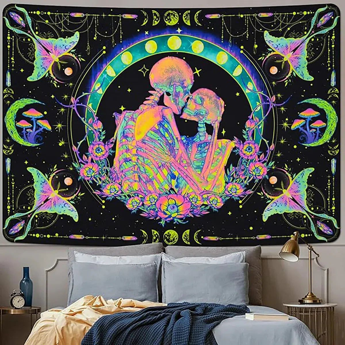 Blacklight Tapestry UV Reactive Skeleton Witch Tapestry Gothic Wall Hanging for Halloween Decor-MoonChildWorld