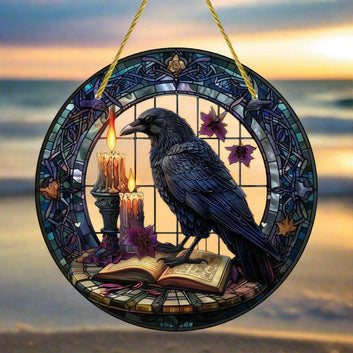 Spell Book and Dark Raven Suncatcher Crow Window Hanging Gothic Crow Suncatcher