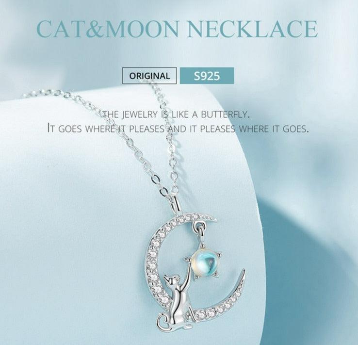 Sterling Silver Opal Cat Moon Necklace-MoonChildWorld