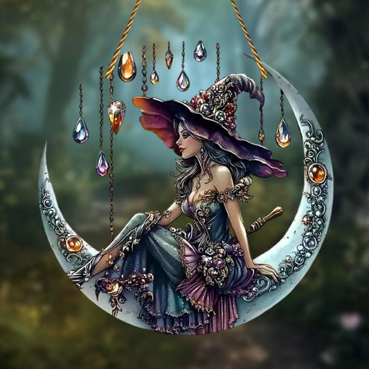 Gothic Witch on the Moon Acrylic Suncatcher Halloween Window Decoration Hanging Ornament