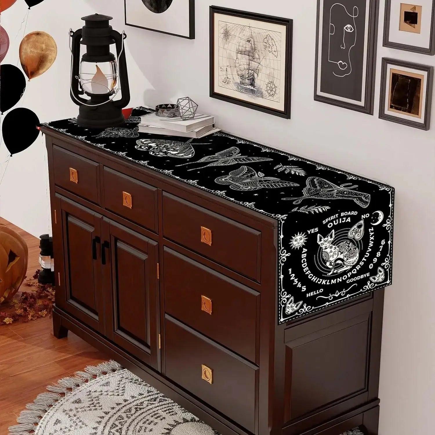 Halloween Witch Ouija Boards Linen Table Runner - Witchy Moth Magic Black Cat Table Runner Gothic Home Decor-MoonChildWorld