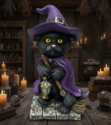 Gothic Witchy Cat Statue Wicca Black Cat Figurine Halloween Home Decor