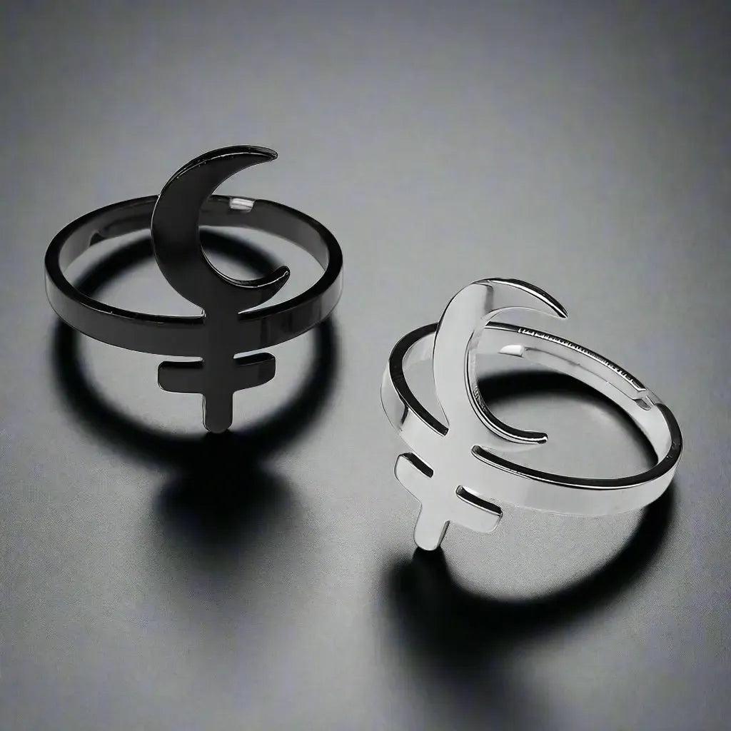 Lilith Crescent Inverted Cross Ring Gothic Witch Jewelry-MoonChildWorld