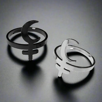 Lilith Crescent Inverted Cross Ring Gothic Witch Jewelry-MoonChildWorld