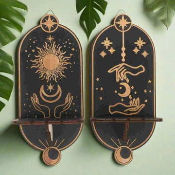 Wicca Wooden Black Crystal Holder Witchy Wall Shelves 2pcs-MoonChildWorld