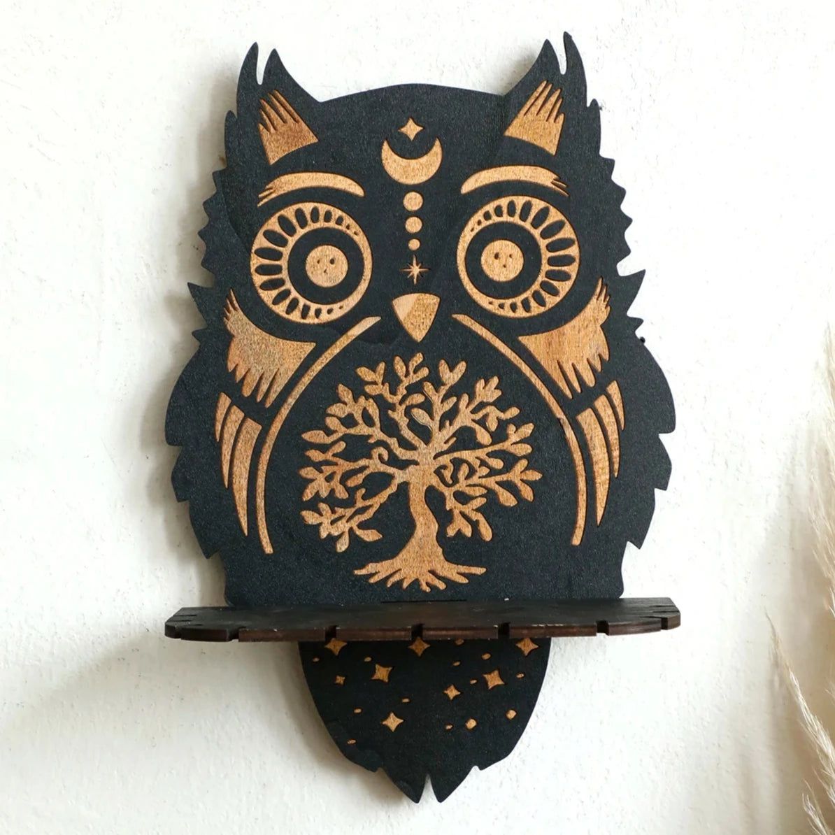 Mystic Owl Wooden Crystal Shelf Witchy Crystal Display Shelf - Spiritual Altar Holder for Crystals, Candles, Jewelry-MoonChildWorld