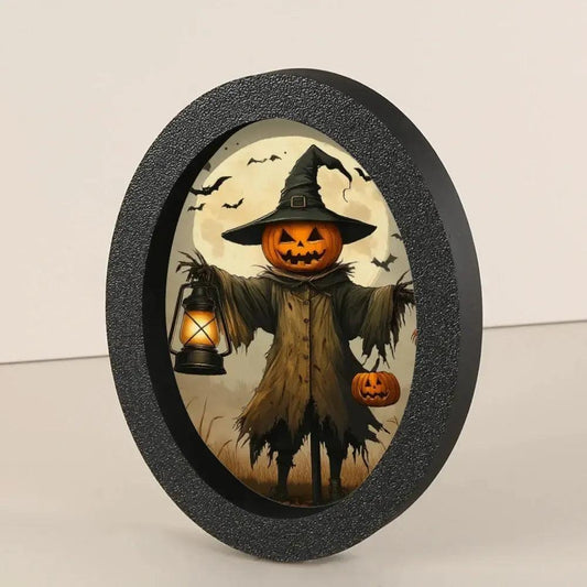 Pumpkin-headed Scarecrow Halloween Wooden Oval Frame - Witch Gothic Wall Art