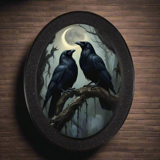 Moonlit Black Crows Wall Art - Witchy Raven Gothic Wooden Oval Frame Halloween Wall Decoration