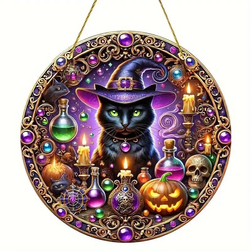 Witch Black Cat Spooky Suncatcher Halloween Acrylic Sign-MoonChildWorld