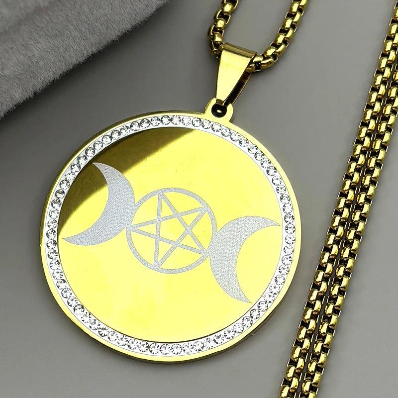 Rhinestone Triple Moon Goddess Pentagram Necklace Wicca Pagan Jewelry-MoonChildWorld