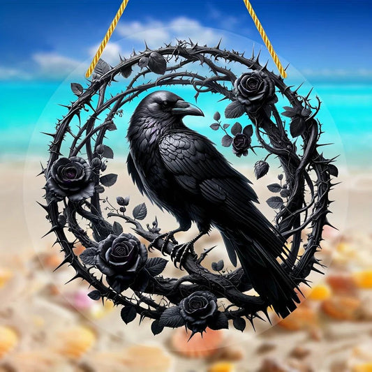 Dark Crow Suncatcher Witchy Raven Gothic Acrylic Round Sign