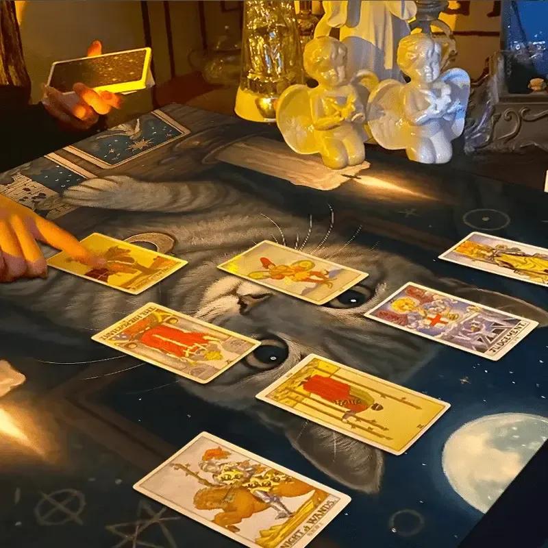 Moonlit Divination Tablecloth Witchy Cat Tarot Tablecloth Wicca Altar Cloth-MoonChildWorld