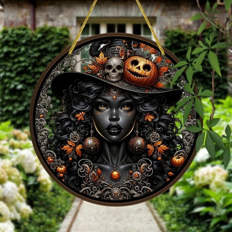 Black Witch Suncatcher Gothic Acrylic Round Sign Halloween Home Decor-MoonChildWorld