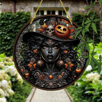 Black Witch Suncatcher Gothic Acrylic Round Sign Halloween Home Decor