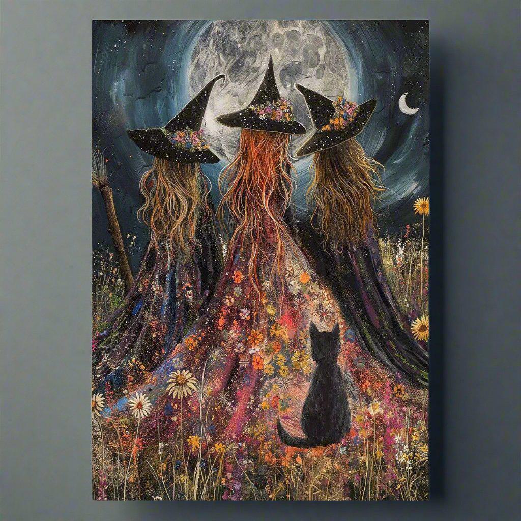 Halloween Full Moon Dark Witch in Wildflowers Mystical Witch Poster Wall Art-MoonChildWorld