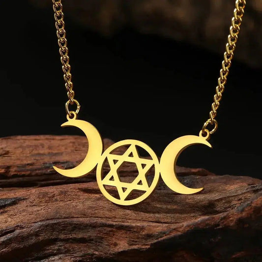 Triple Moon Hexagram Wiccan Necklace Witchcraft Jewelry