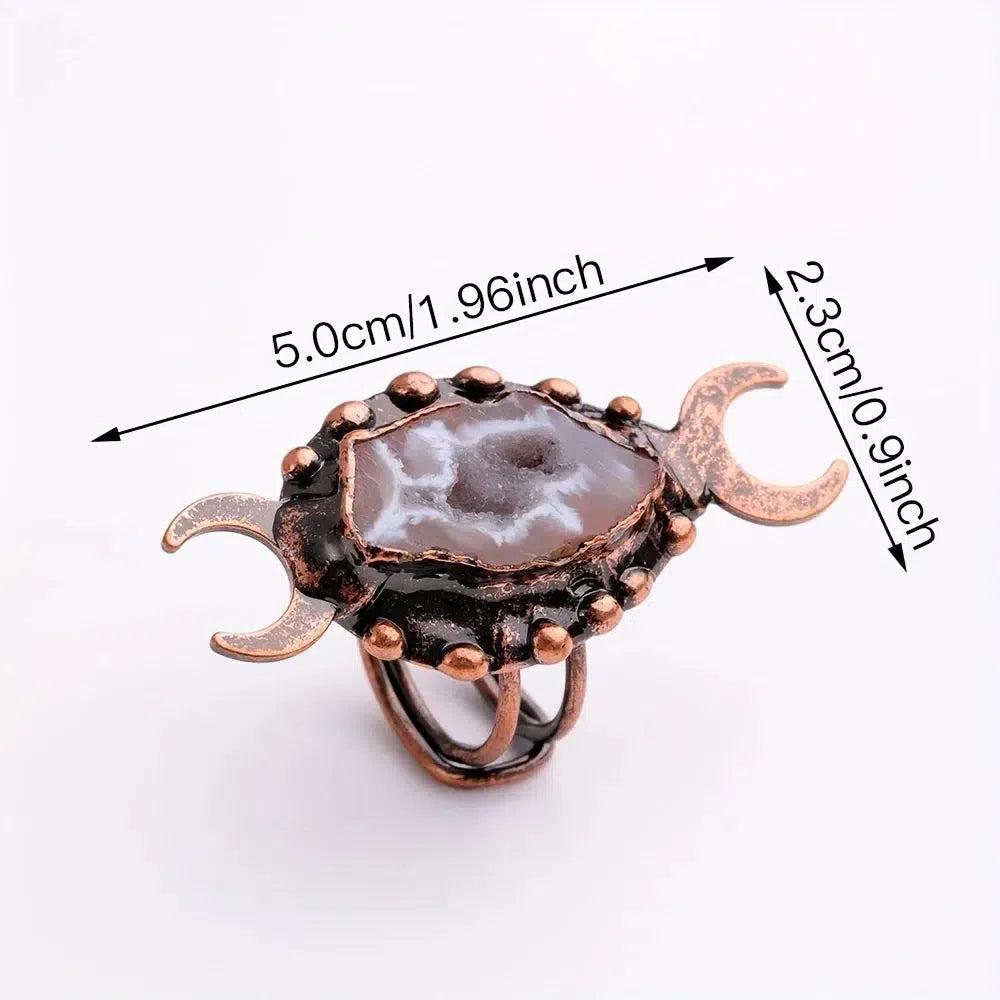 Natural Agate Stone Ring Wiccan Triple Moon Ring Pagan Jewelry-MoonChildWorld