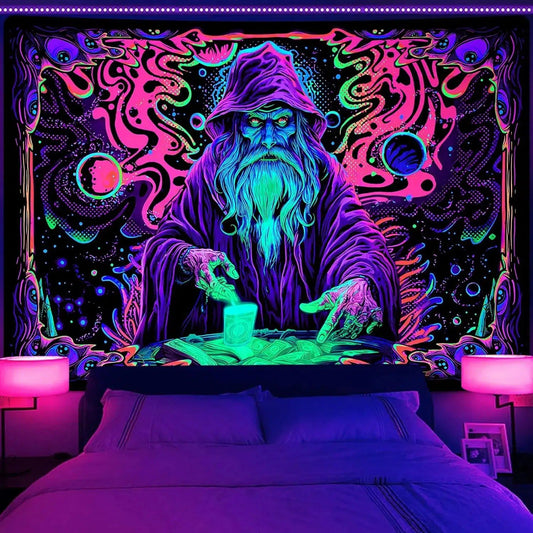 Blacklight Tapestry Wizard Tapestry UV Reactive Neon Tapestry