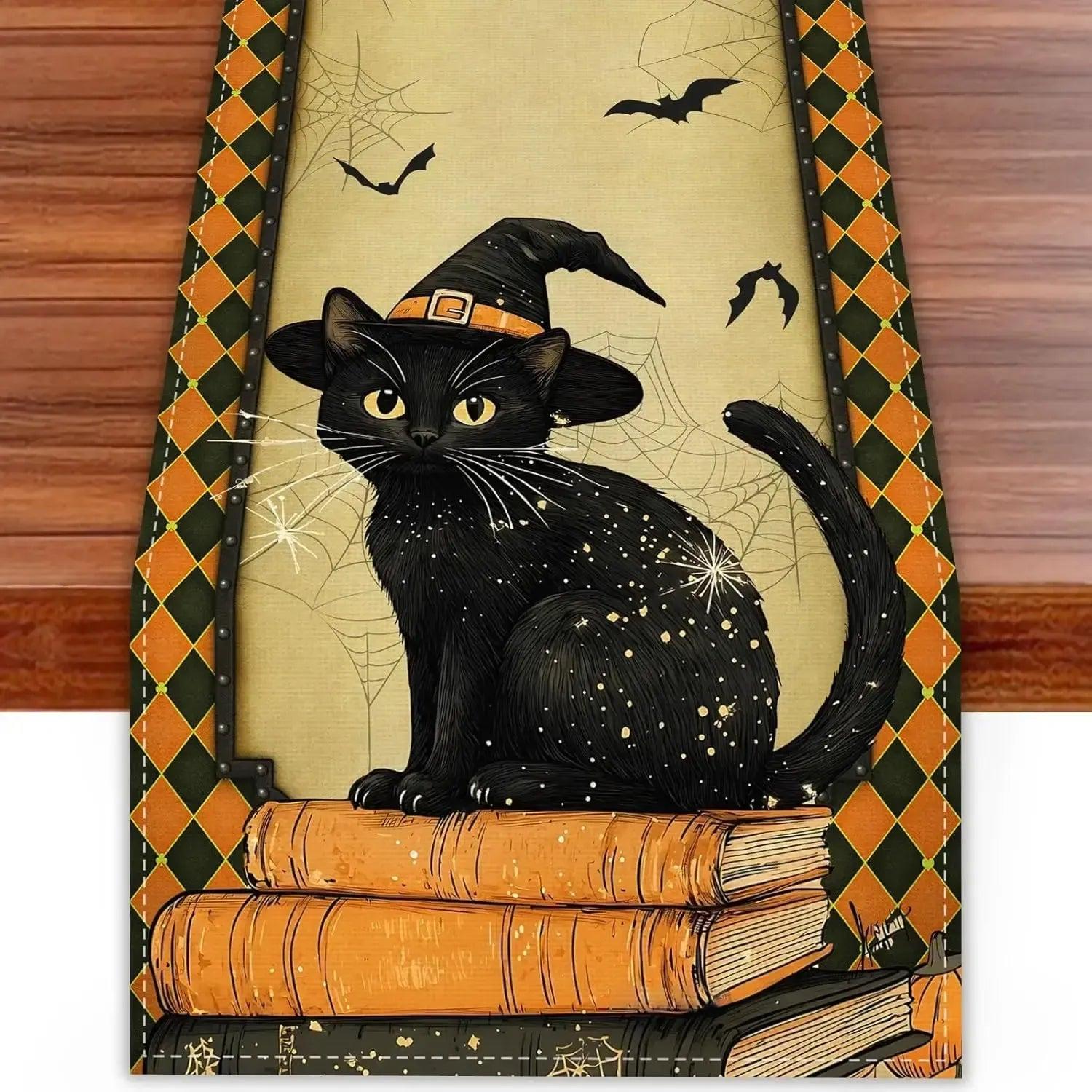 Gothic Black Cat Linen Table Runner - Spooky Table Runner Halloween Home Decor-MoonChildWorld