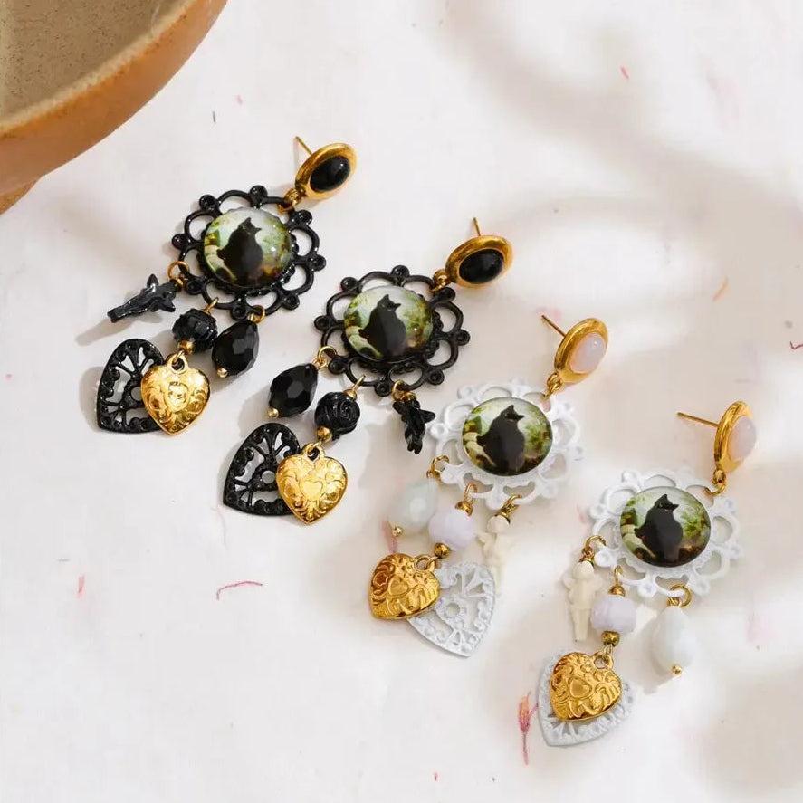 Black Crystal Occult Cat Heart Drop Earrings Witch Jewelry-MoonChildWorld