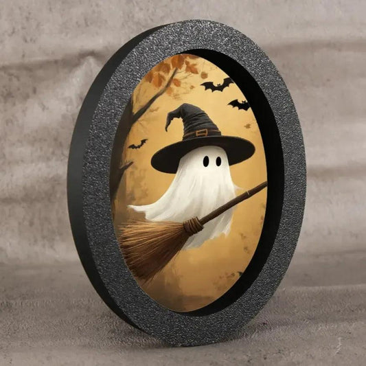 Cute Ghost Witchy Wooden Oval Frame - Gothic Oval Wall Art for Spooky Halloween Home Decor