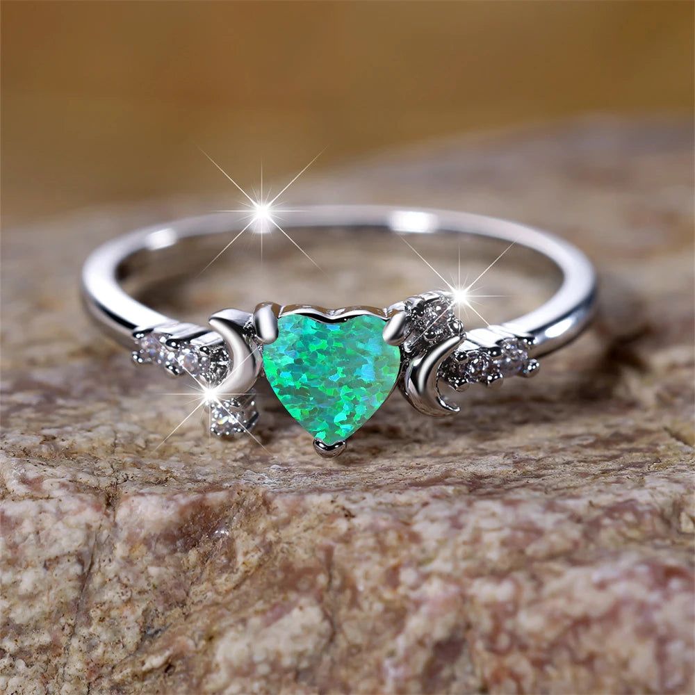 Triple Moon Ring Crystal Heart Moon Wicca Ring-MoonChildWorld