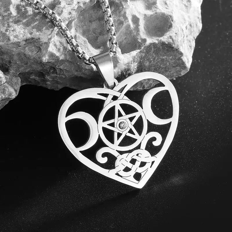 Witchcraft Heart Pentacle Triple moon Necklace Wiccan Jewelry-MoonChildWorld