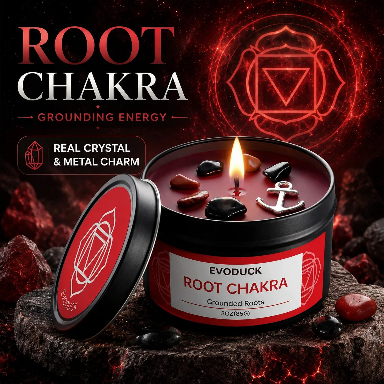 Root chakra crystal candle with patchouli and metal charm