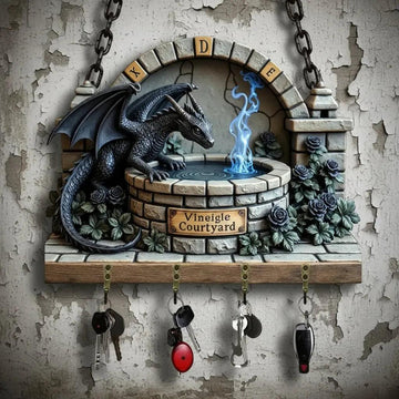 2D Fire Breathing Dragon Wooden Key Holder with Four Metal Hooks-MoonChildWorld
