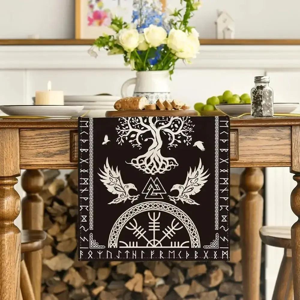 Viking Runes Tree of Life Linen Table Runners - Norse runes Pagan Table Runner Viking Home Decor-MoonChildWorld