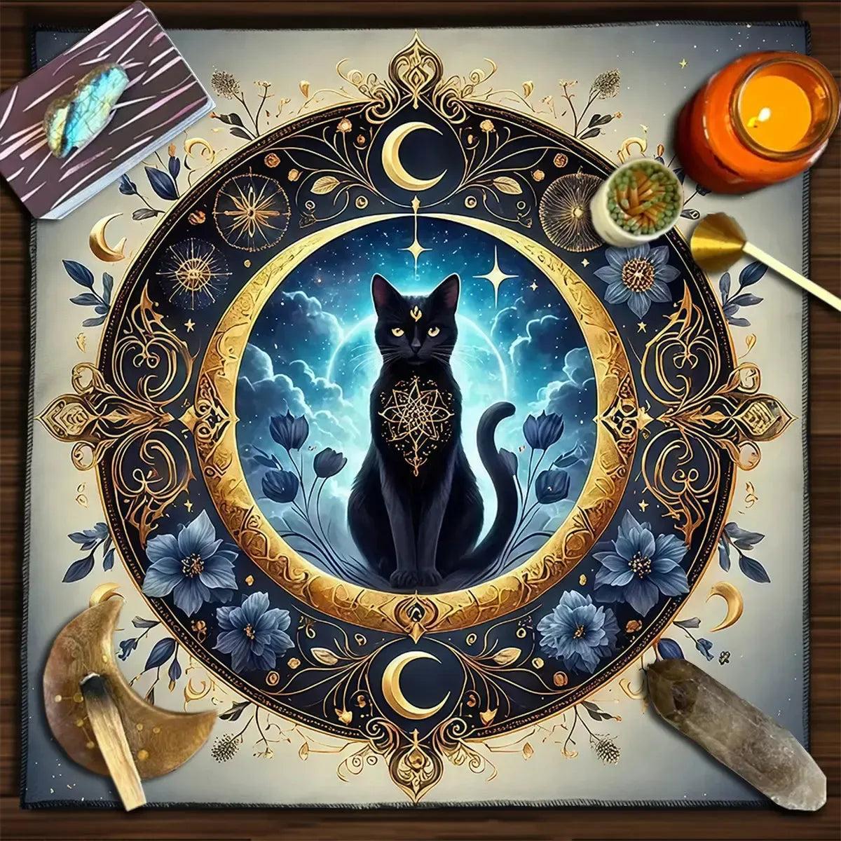 Colorful Mandala Black Cat Altar Cloth Tarot Tablecloth Witchcraft Cat & Moon Starry Sky Divination Cloth-MoonChildWorld