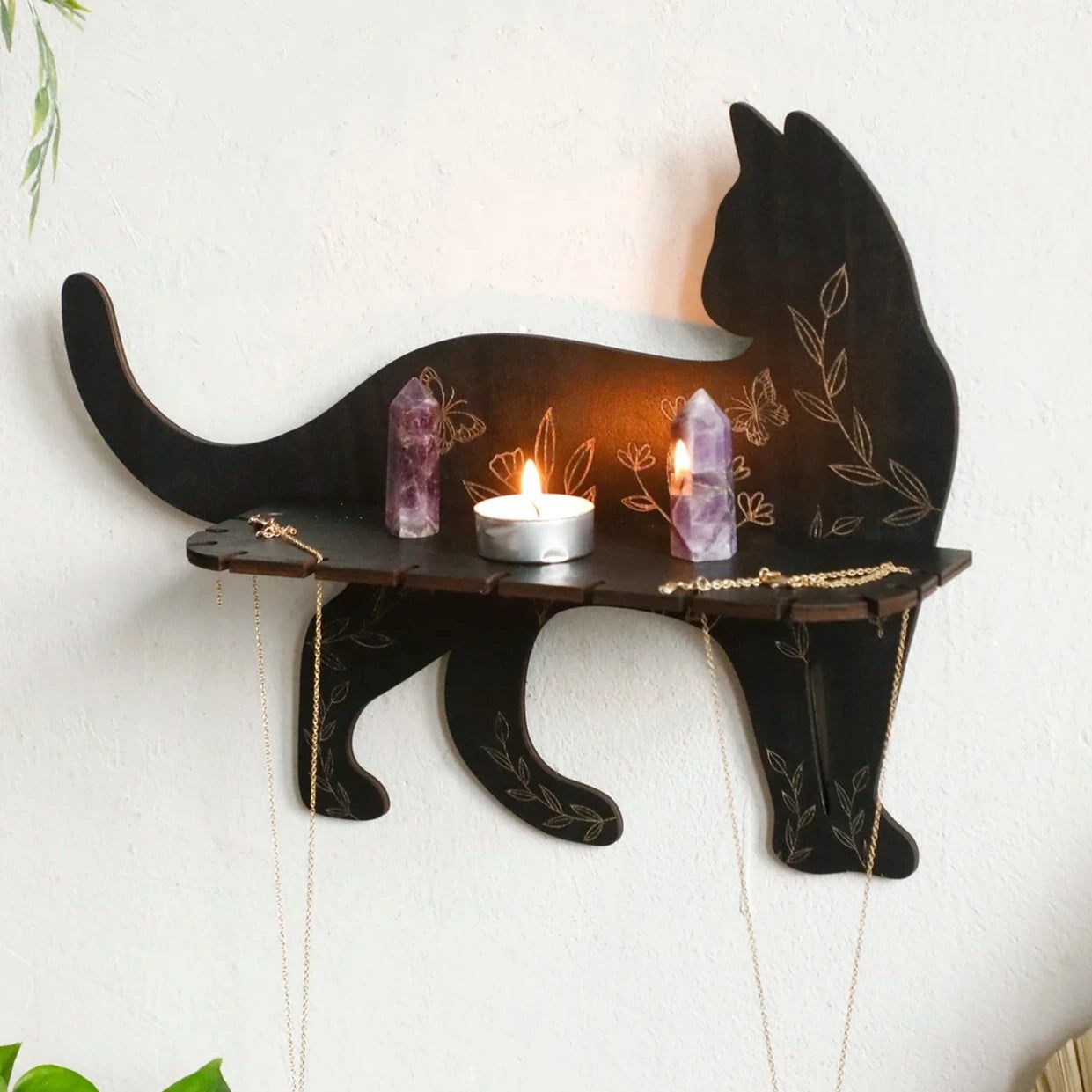 Flower Black cat Crystal Shelf Display Witchy Home Decorations Black Cat Wooden Wall Shelf-MoonChildWorld