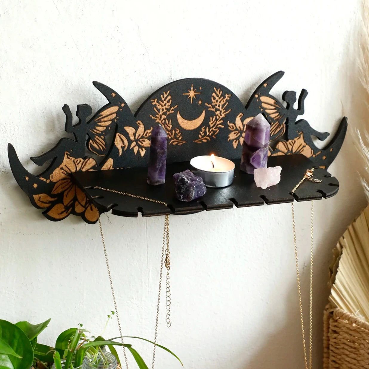 Faries Triple Moon Wall Shelf Wiccan Crystal Display Shelf - Spiritual Altar Holder for Crystals, Candles, Jewelry-MoonChildWorld