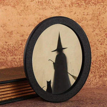 Creepy Witch Silhouette with Black Cat Spooky Wooden Oval Frame - Gothic Oval Wall Art - Halloween Wall Decoration