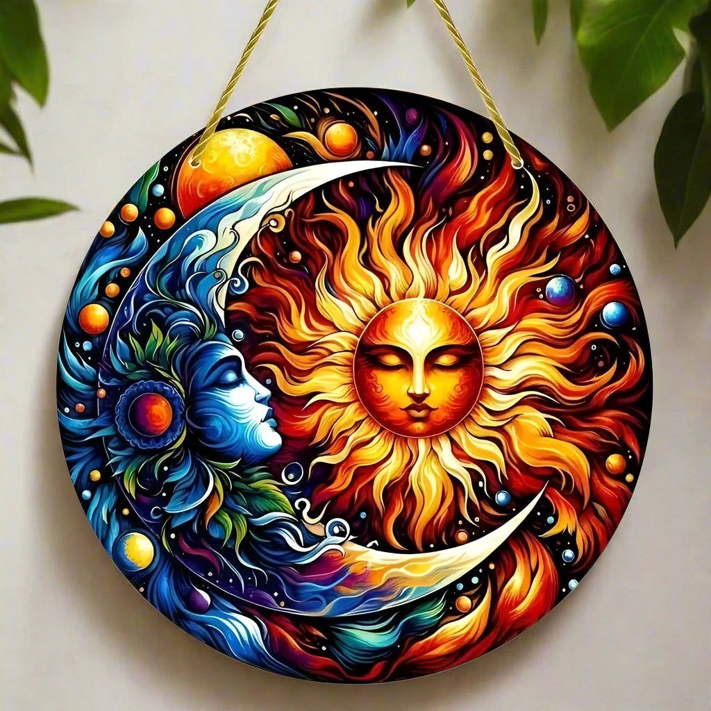 Wicca Sun and Moon Wooden Sign Celestial Goddess Hanging Sign-MoonChildWorld