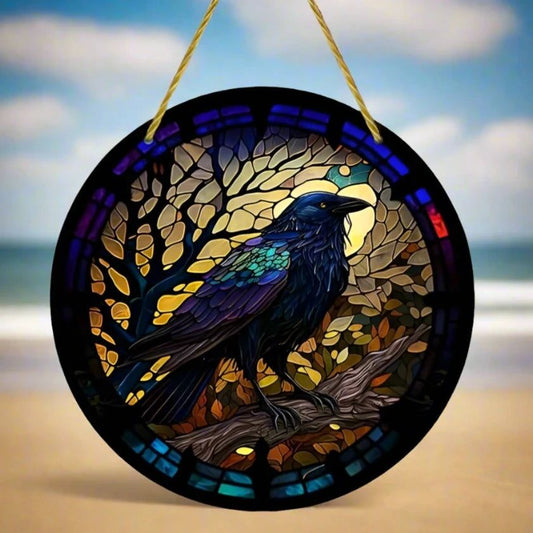 Dark Crow Suncatcher Gothic Raven Acrylic Round Sign