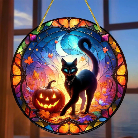 Pumpkin Black Cat Suncatcher Halloween Acrylic Round Sign