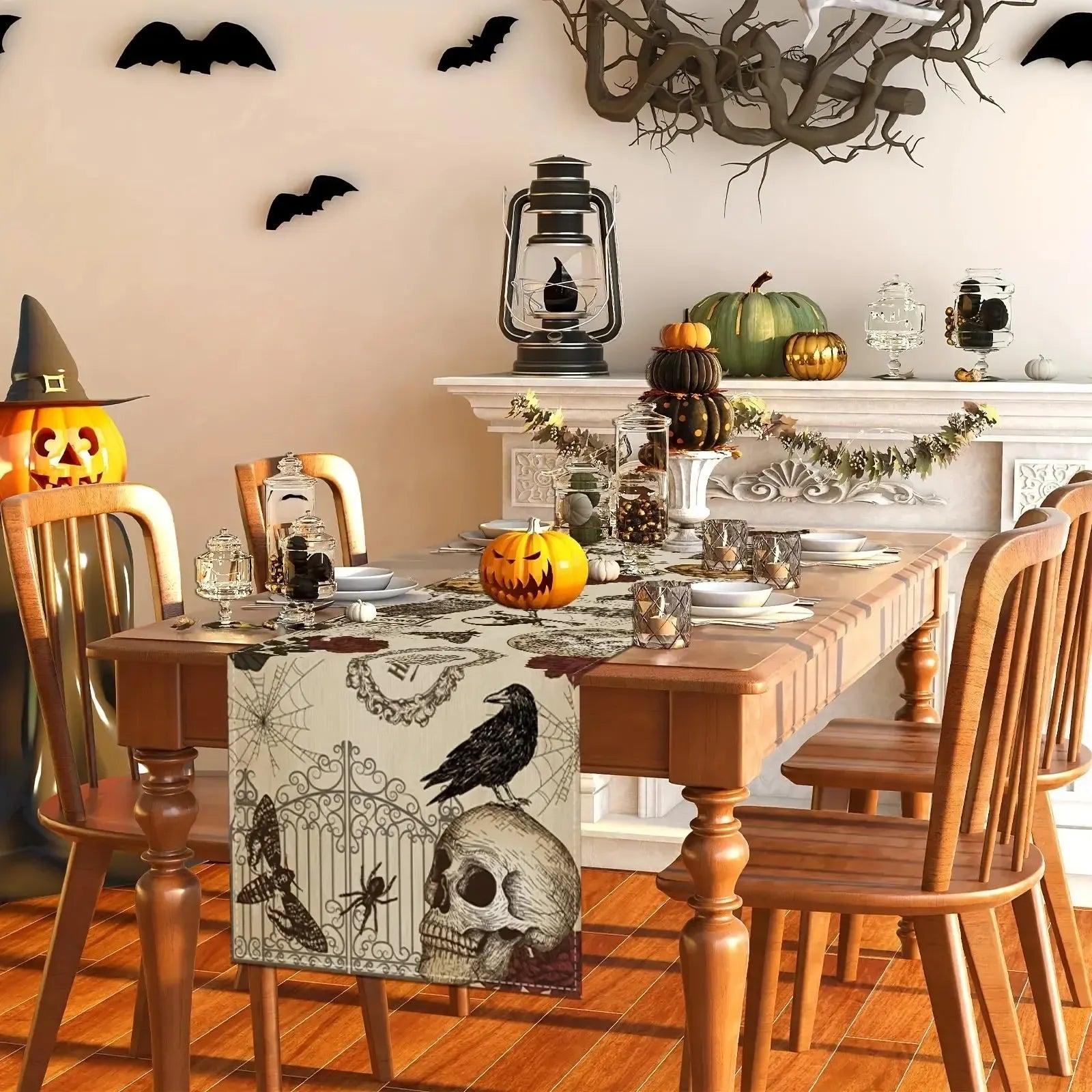 Black Raven Vintage Table Runner - Gothic Skull Crow Table Runner for Witch Halloween Decorations-MoonChildWorld