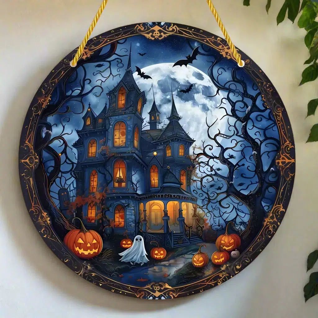 Gothic Haunted House Wooden Sign Witchy Hanging Sign for Halloween-MoonChildWorld