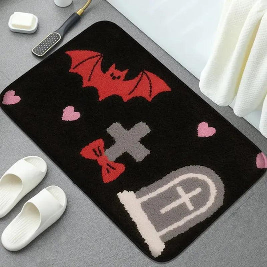 Gothic Doormat Witch Welcome Mat - Spooky Halloween Decor with Black Cat, Bat, Pumpkin and Cute Ghost