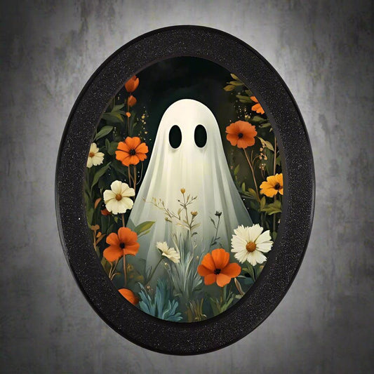 Spooky Ghost Wooden Oval Frame - Gothic Oval Wall Art - Witchy Halloween Wall Decoration
