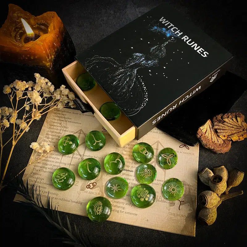 13Pcs Runes Glass Witch Runes Set Green Divination Rune Stone Fortune-telling Reiki Healing Wiccan Spiritual Ritual Gift Decor-MoonChildWorld