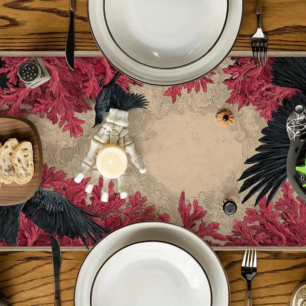 Red Maple Dark Crow Gothic Table Runner for Halloween Table Decor - Witchy Raven Table Runner-MoonChildWorld