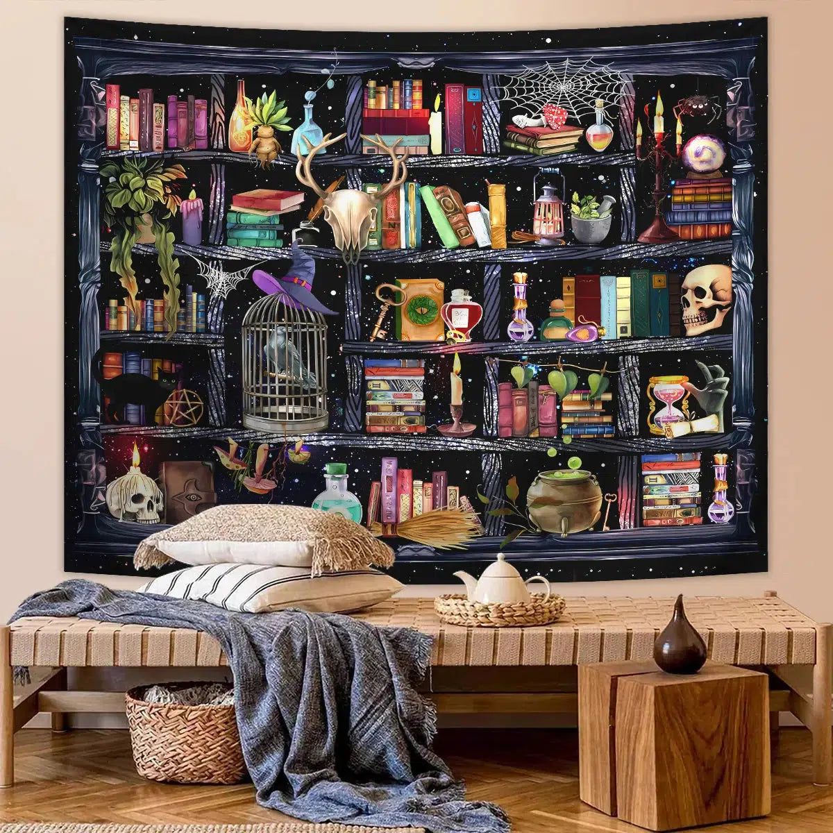 Retro plant mysterious bookshelf gothic tapestry-MoonChildWorld