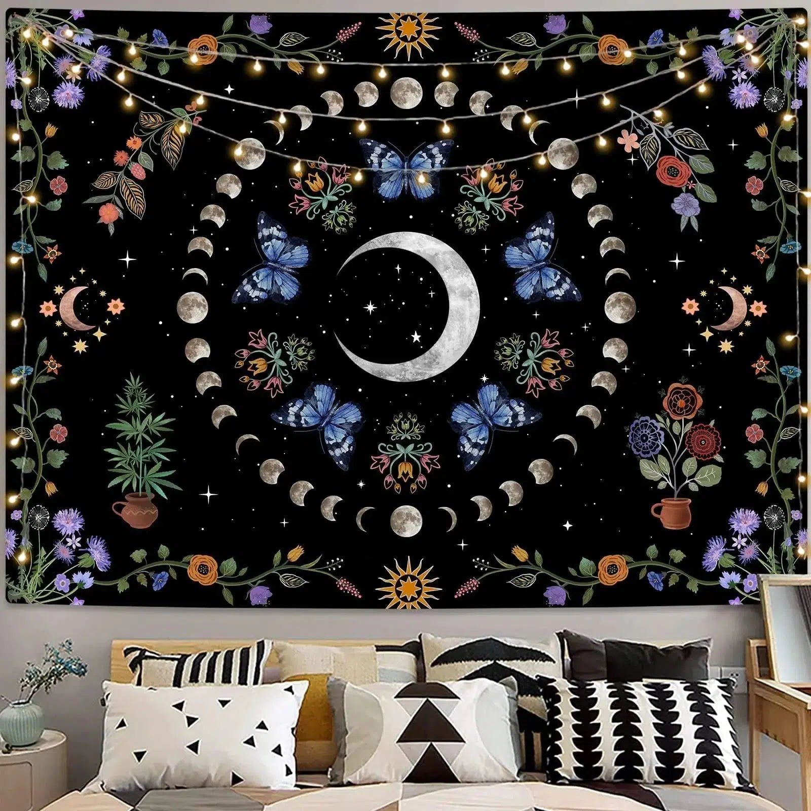 Plant Moon Tapestry Floral Butterfly Witchy Tapestry Aesthetic Decor-MoonChildWorld