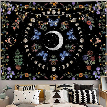 Plant Moon Tapestry Floral Butterfly Witchy Tapestry Aesthetic Decor
