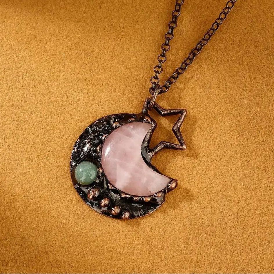 Vintage Star Moon Natural Stone Necklace Wiccan Jewelry-MoonChildWorld