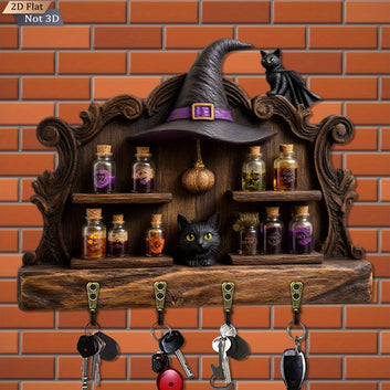2D Witchcraft Potion Key Holder 4 Metal Hooks - Witch Wood Key Rack Halloween Wall Decor